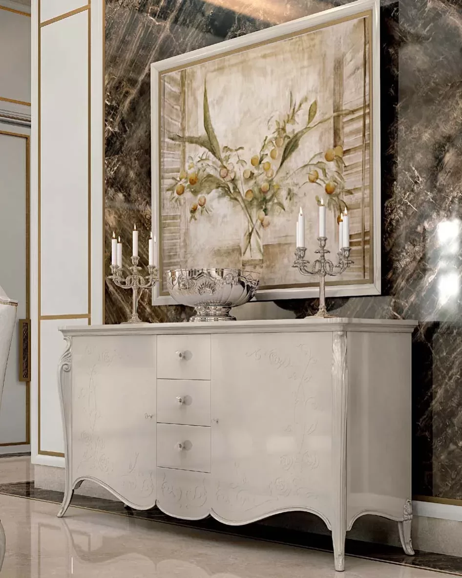 Opera Shaped Sideboard, Carved "B" Decoration, 2 Doors 3 Drawers, Francesco Pasi classic living room