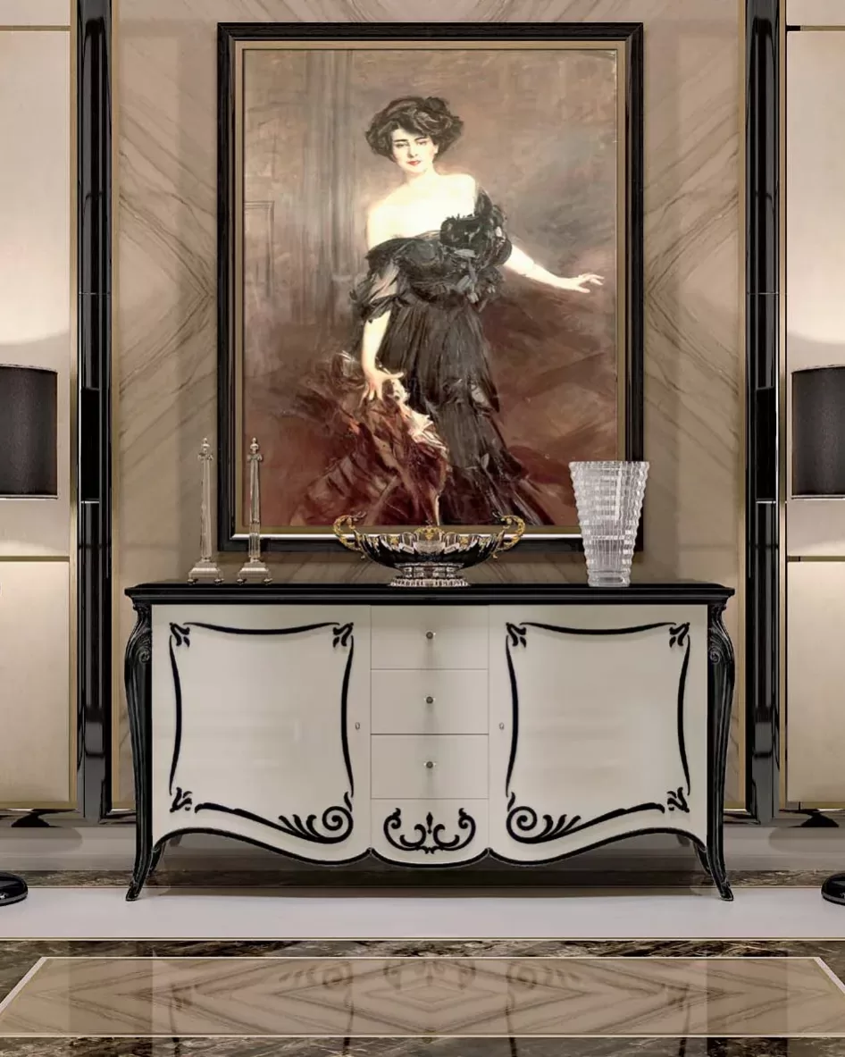 Opera Shaped Sideboard, Carved "B" Decoration, 2 Doors 3 Drawers, Opera shaped sideboard by Francesco Pasi