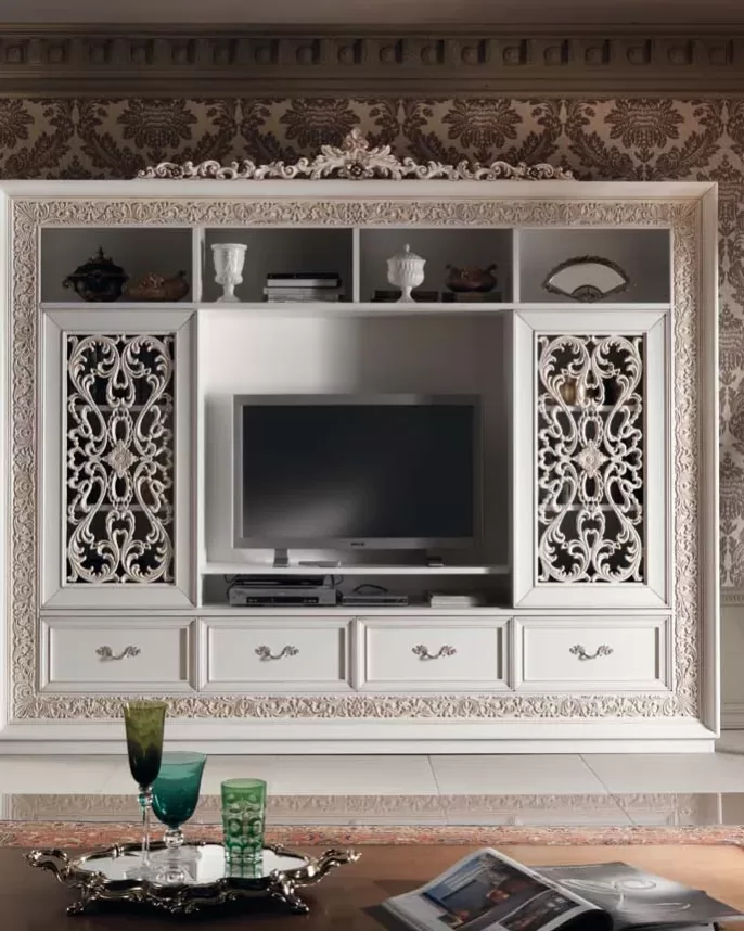 Gran Guardia Carved Wall Unit with Pierced Doors, TV Opening by Francesco Pasi, Gran Guardia classic furniture