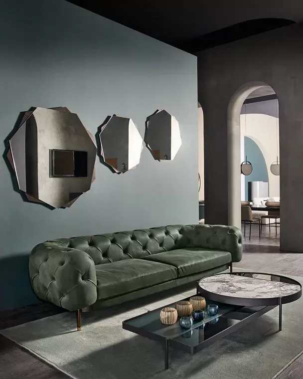 Atenae Sofa by Cantori, Italian velvet sofa with decorative cushions