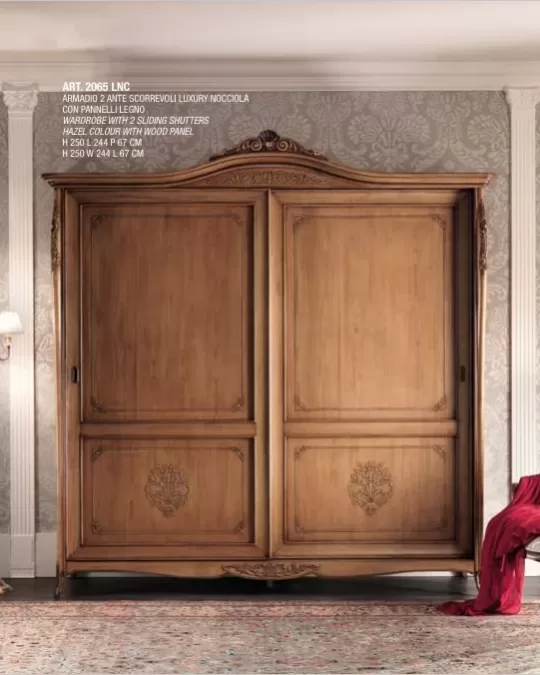 Gran Guardia Wardrobe, 2 Sliding Doors, Wood Panels, carved armoire for a classic bedroom