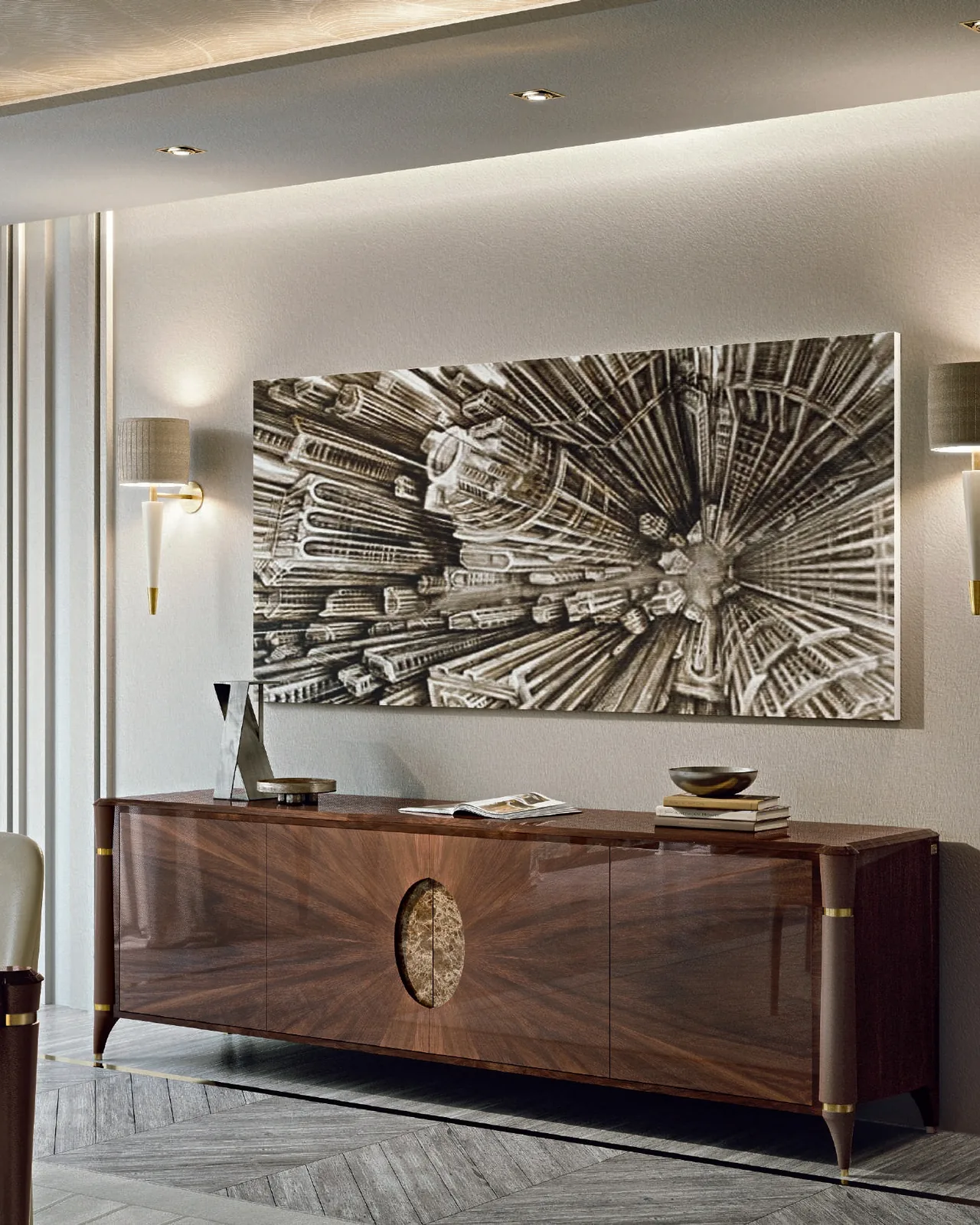 Credenza Ellipse con ovale in bronzo, credenza di lusso