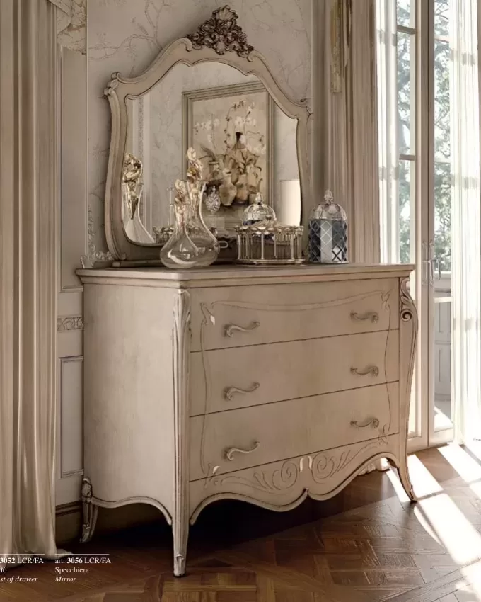 Opera Shaped Chest of Drawers, 3 Drawers, Carved "B" Decoration by Francesco Pasi, Italian dresser below a bedroom mirror