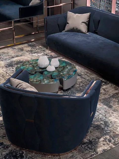 Divano e poltrone Epoque Exence in velluto blu notte con tavolino rotondo, design di soggiorno moderno