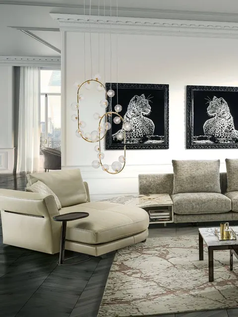 Divano Longhi avorio con chaise longue e poltrona coordinata, ispirazione Loveluxe per un soggiorno contemporaneo