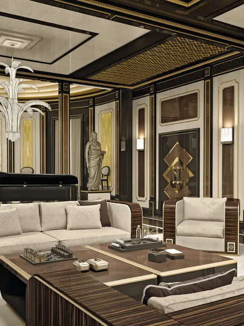 Divani Riverside di Pregno avorio con tavolino in legno scuro in un grande salone a cassettoni, villa classica