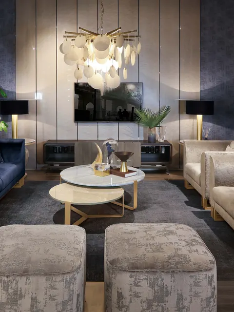 Divano Redeco Hanami in velluto blu notte con divano avorio e pouf, design di soggiorno contemporaneo scuro