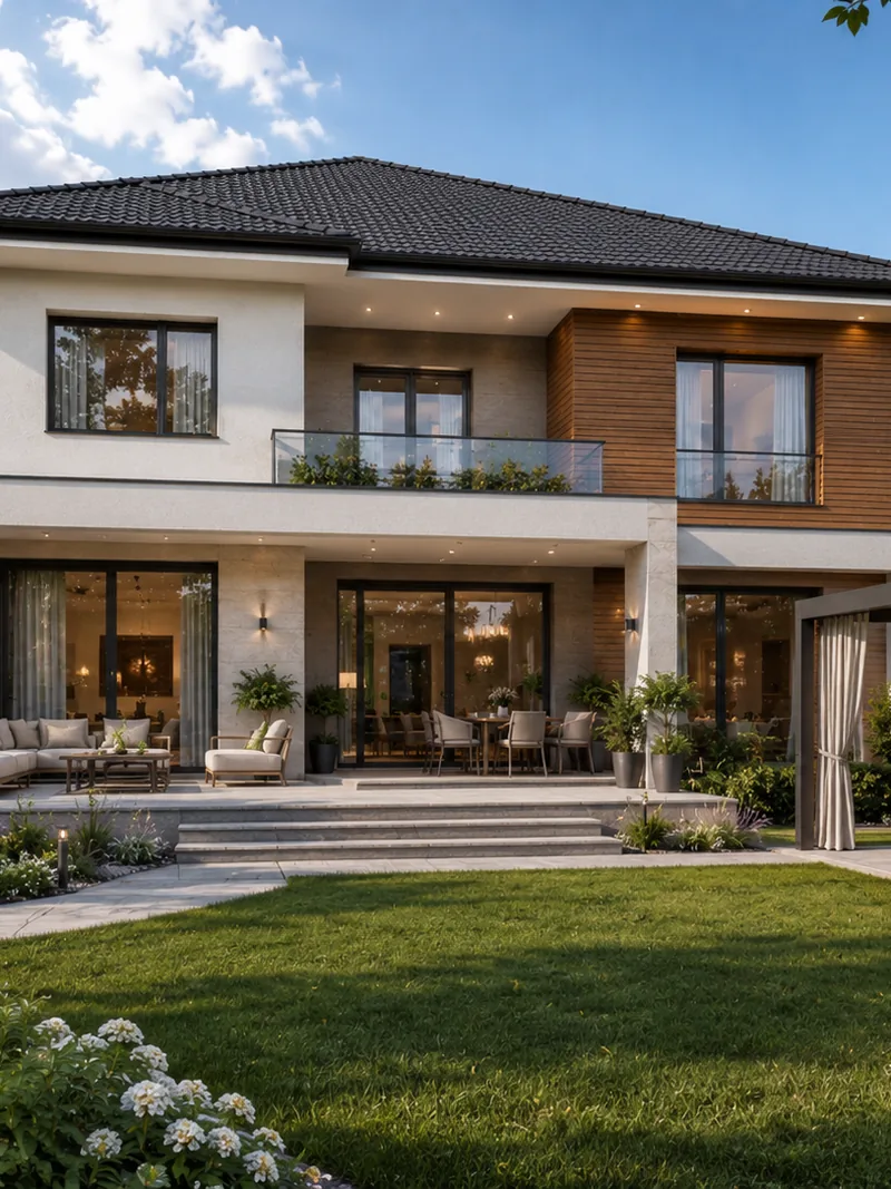 Two-storey villa exterior with timber cladding, glass balustrade balcony and a covered terrace facing the lawn