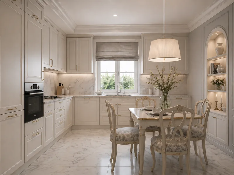 Classic kitchen with ivory panelled cabinets, marble floor, lit arched niche and carved dining set