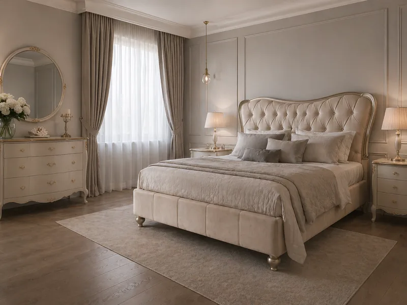 Classic master bedroom with ivory tufted bed, carved chest of drawers, round mirror and grey panelled walls