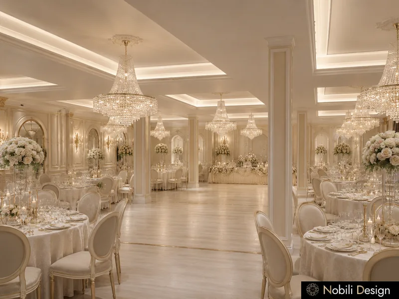 Classic ballroom interior design with crystal chandeliers, ivory panelling, round tables in linen and medallion chairs