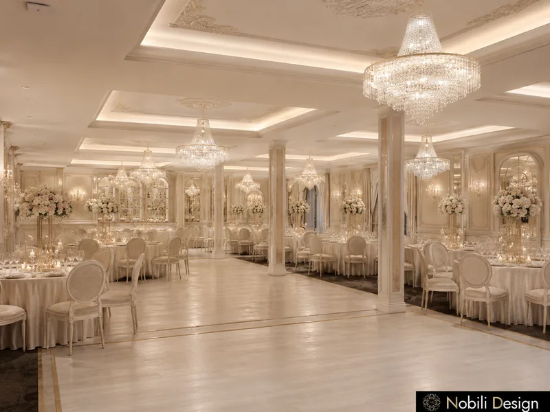 Classic ballroom dance floor framed by slender columns, arched mirrors and crystal chandeliers