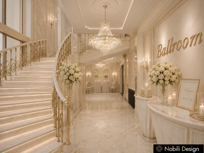 Event venue entrance design with a curved marble staircase, brass balustrade and crystal chandelier