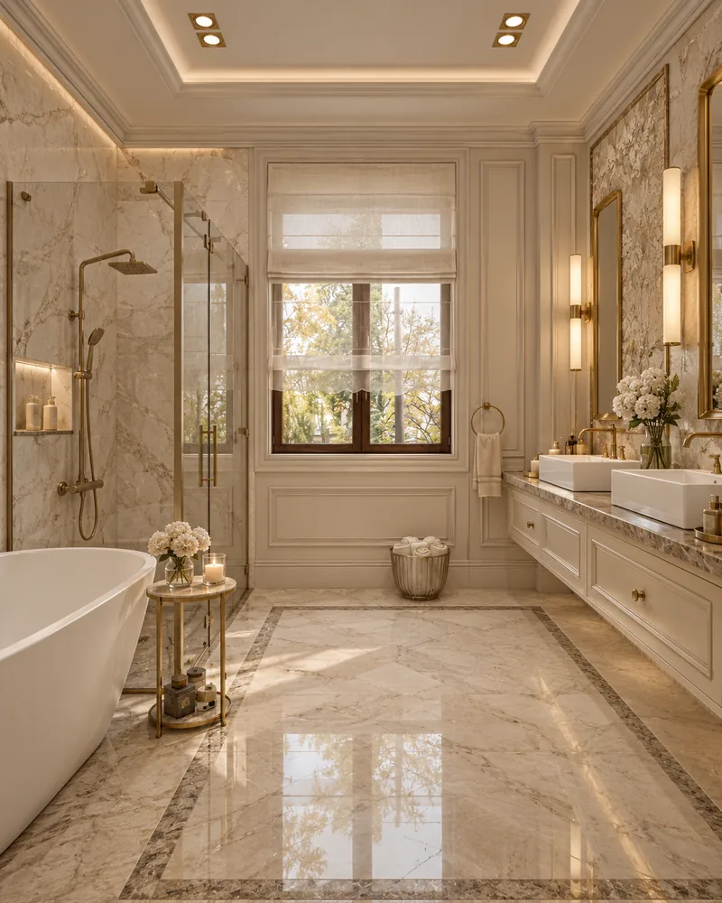 Bathroom with freestanding tub, double vanity and beige marble floor with dark border, luxury interiors in marble