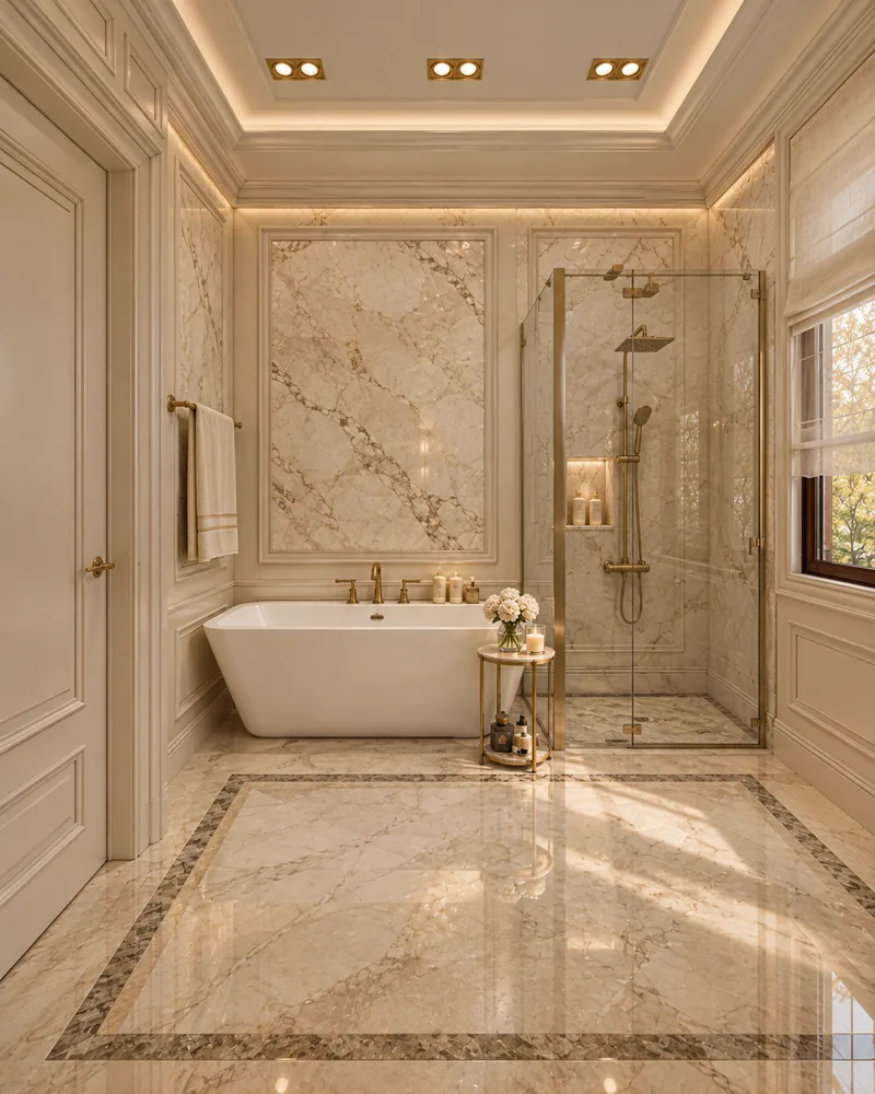Bathroom with freestanding bathtub before a framed marble panel and a corner glass shower with brass fittings