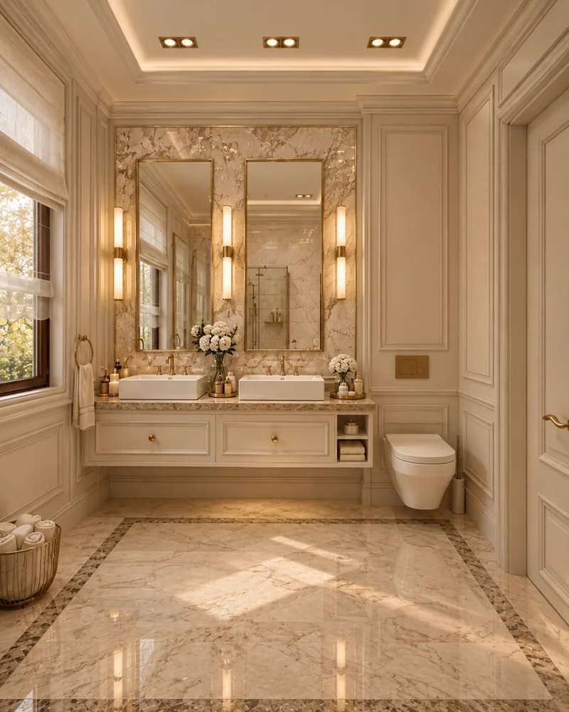 Bathroom double vanity with two rectangular basins, tall brass-framed mirrors, sconces and wall-hung WC