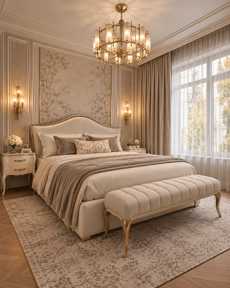 Master bedroom with a curved upholstered bed and botanical wallpaper panel, designer furniture in ivory and sage