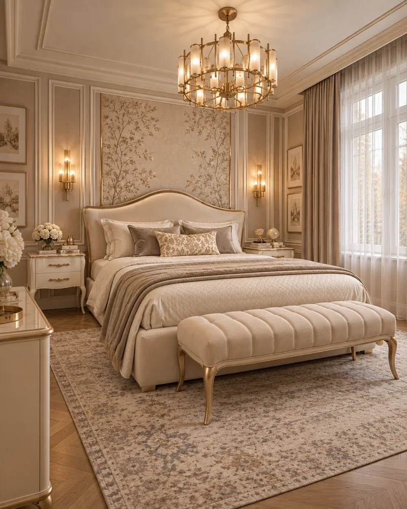 Master bedroom with ivory curved-headboard bed, gold-legged bench, framed botanical prints and sheer-curtained window