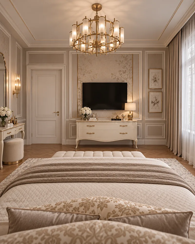 Master bedroom TV wall seen from the bed, with ivory dresser on cabriole legs, vanity with stool and botanical panel