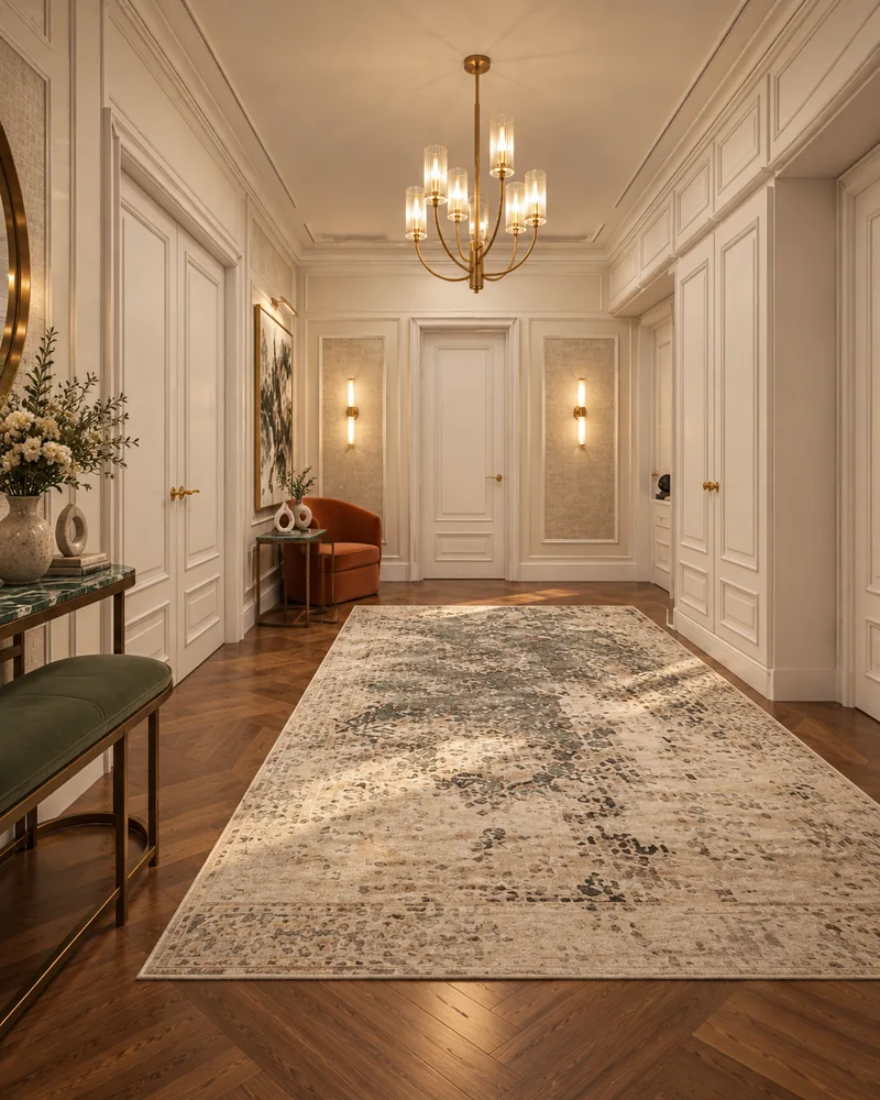 Foyer with patterned runner rug, panelled ivory doors and wardrobes, rust velvet armchair and dark stone console