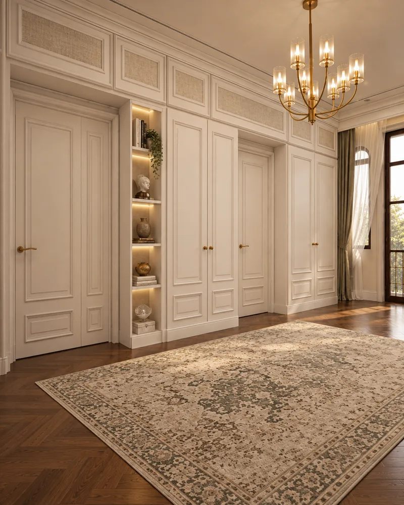 Foyer wall of built-in ivory wardrobes with panelled doors, lit open shelving and textured overhead cupboards