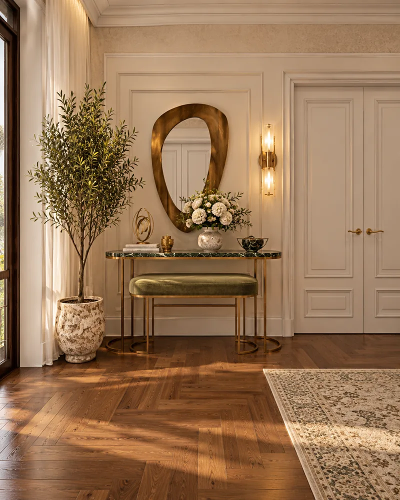 Foyer console with dark green stone top on brass frame, sage velvet bench, bronze organic mirror and olive tree