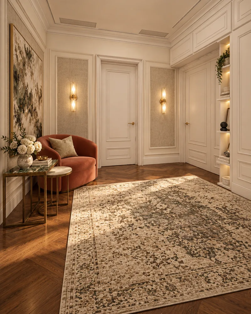 Foyer corner with rust velvet armchair, marble side tables, large floral canvas and built-in lit shelving