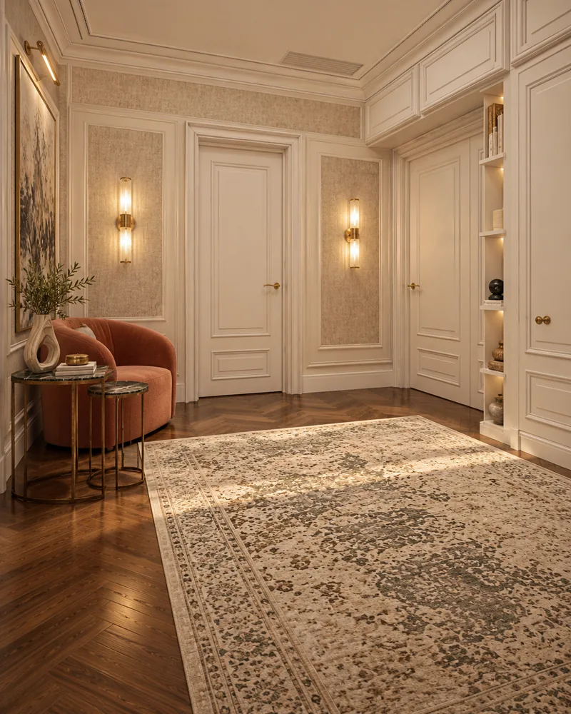 Foyer seen toward two panelled doors, with rust armchair, nesting side tables and a lit display niche