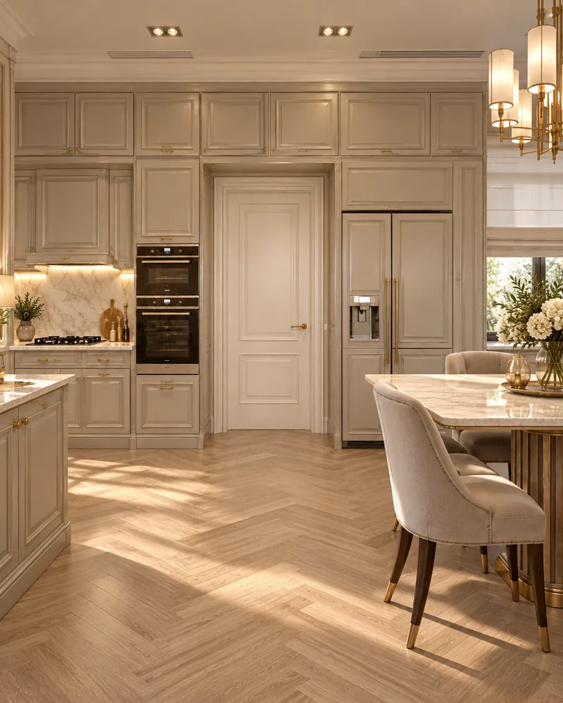 Kitchen wall of greige tall cabinets with double ovens, integrated fridge-freezer and a panelled door