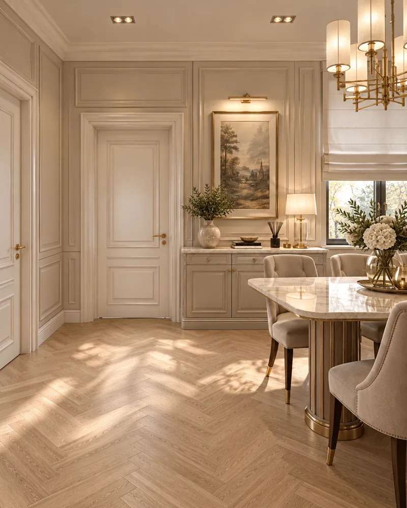 Kitchen dining corner with marble pedestal table, landscape painting over a greige sideboard and brass chandelier