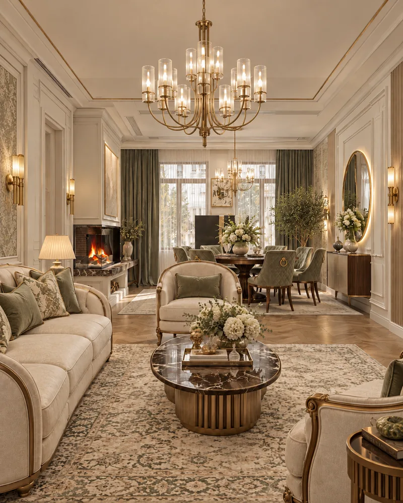 Living room with a curved ivory sofa, dark marble coffee table and fireplace, classic luxury interior design