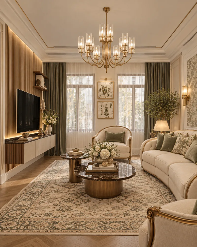Living room with floating TV console against a backlit fluted wood wall, curved sofa and marble drum tables