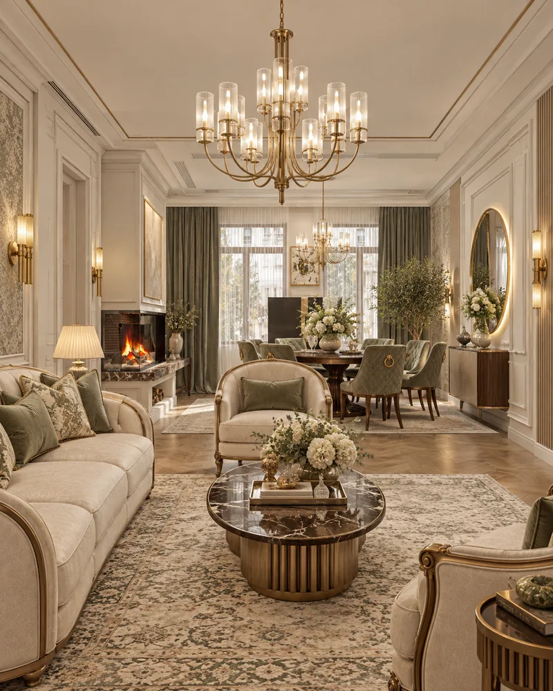 Living room view along a curved sofa toward the fireplace and dining area, under a tiered brass glass chandelier