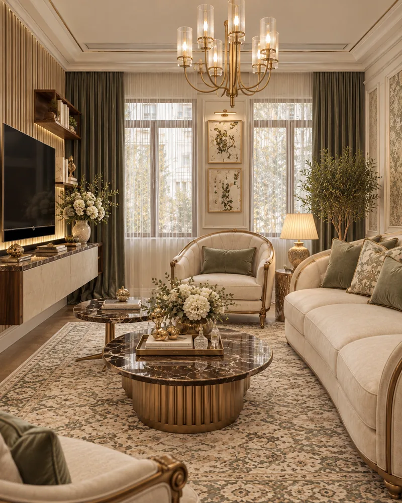 Living room seating with tub armchair between tall windows, nesting marble coffee tables and fluted media wall