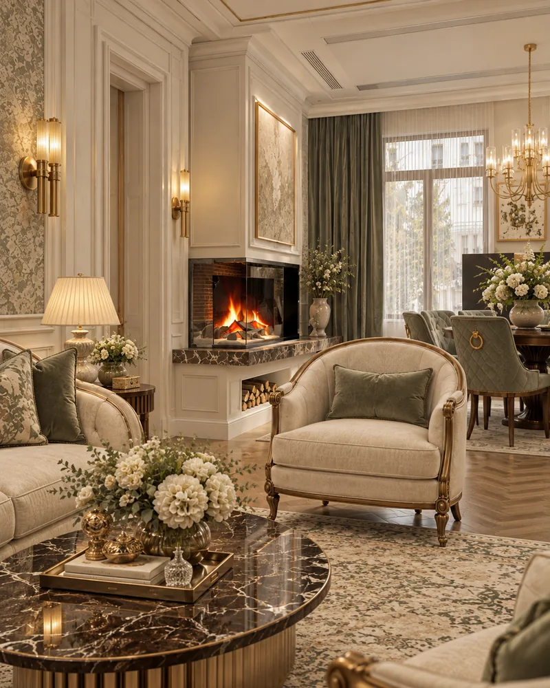 Living room fireplace with dark marble mantel and log niche, gilt-trimmed armchair and dining area by the window