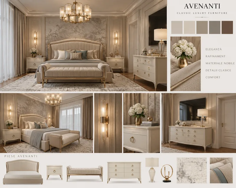 Bedroom moodboard with crystal chandelier, mural wall, tufted bench, ivory chest of drawers and furniture cut-outs