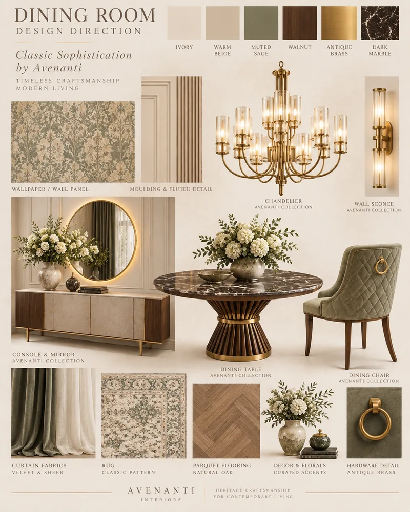 Dining room direction board with botanical wallpaper, round dark marble table, quilted chair and brass lights