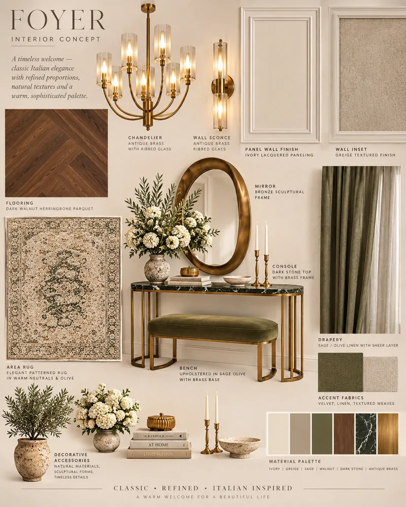 Foyer concept board with walnut herringbone, brass chandelier, sculptural mirror, stone-top console and sage bench