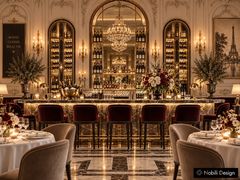 Classic French restaurant bar with marble counter, burgundy velvet stools and arched lit wine cabinets