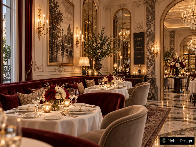 Burgundy velvet banquette and round tables in white linen with flowers beside a gilded mirror and window