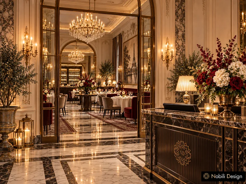 Classic French restaurant entrance with dark marble host stand, gilded glass doors and crystal chandeliers