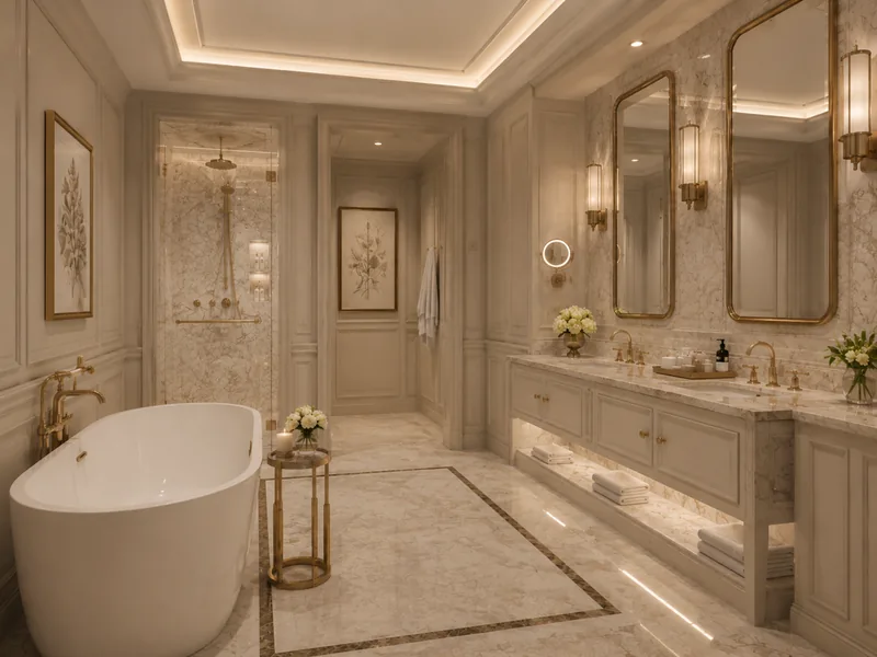 Freestanding tub in a marble hotel bathroom with a brass side table, twin vanities and a lit shower niche