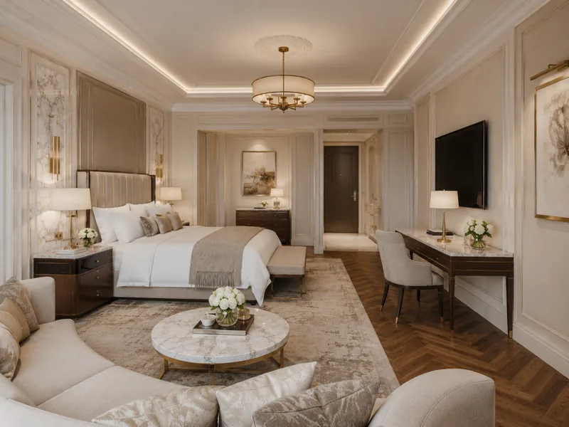 Classic hotel suite with upholstered bed, writing desk, curved sofa and marble coffee table under a brass chandelier