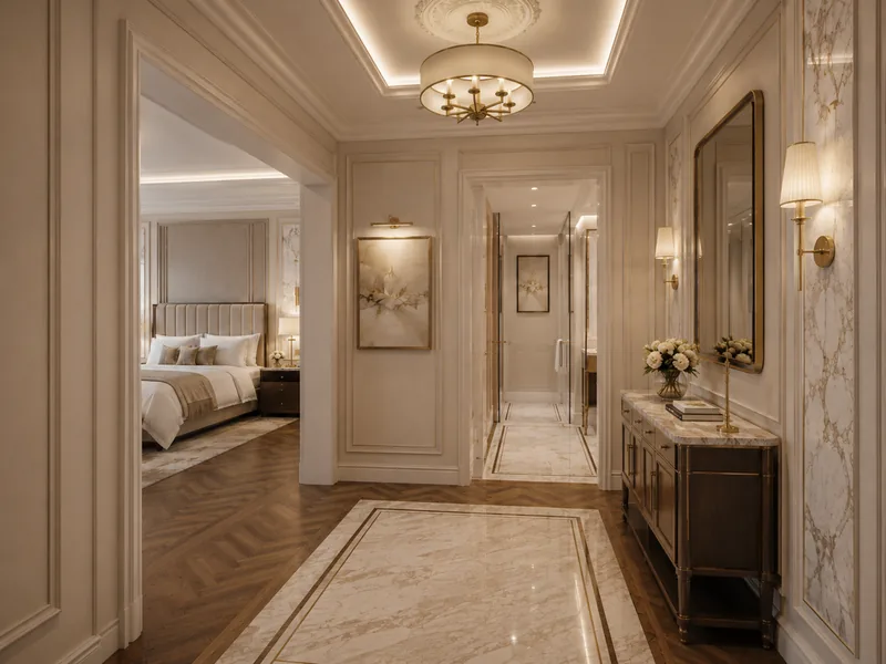 Hotel suite entrance hall with marble inlay, walnut console, framed mirror and views into bedroom and bathroom
