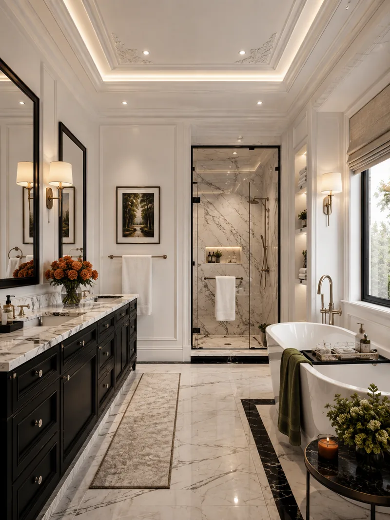 Classic bathroom with black vanity, marble walk-in shower, freestanding bathtub and marble floor
