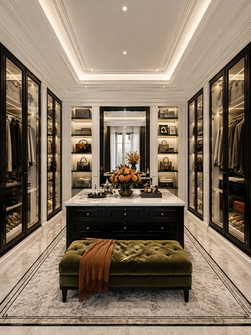 Dressing room with black glass-front wardrobes, central island and an olive velvet bench
