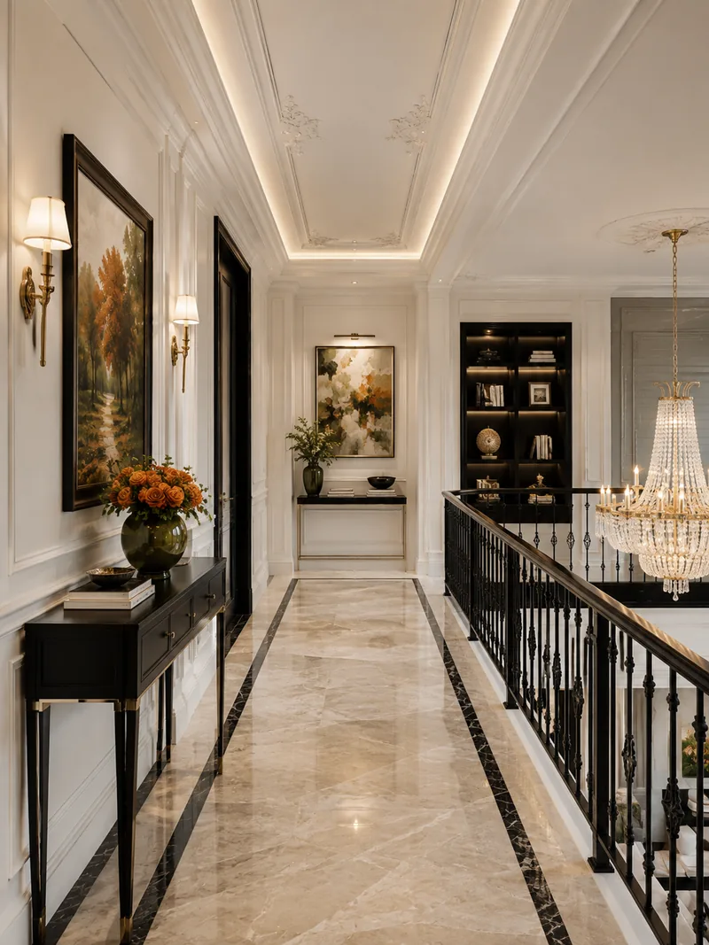 Upper landing with black console, wrought-iron balustrade, marble floor and framed artwork