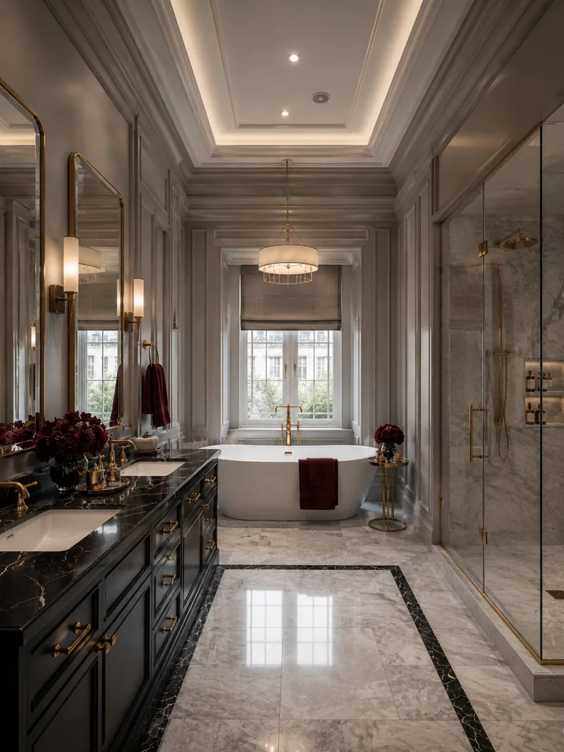 Classic bathroom with black double vanity, marble walls, freestanding bathtub and glass shower