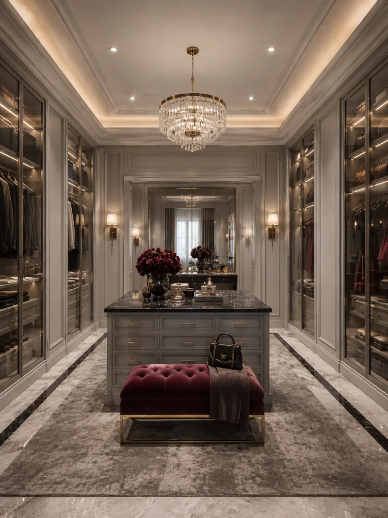 Dressing room with glass-front wardrobes, central island and a burgundy velvet bench
