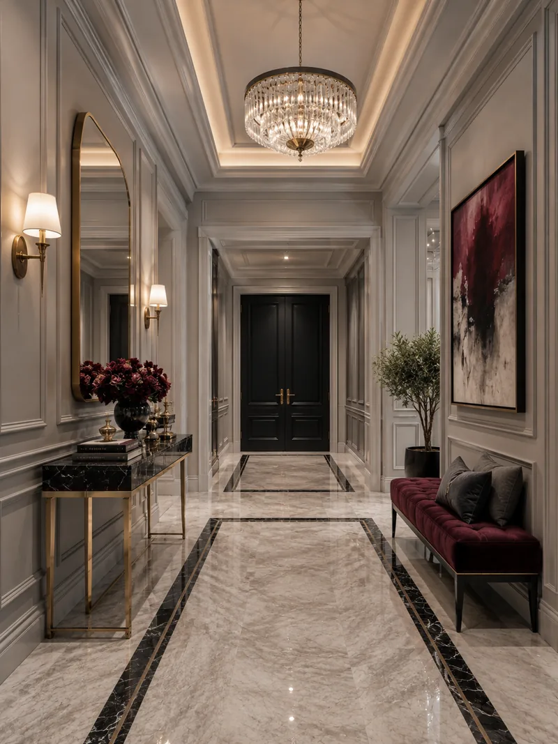Classic hallway with marble floor and black border, burgundy bench and gold console